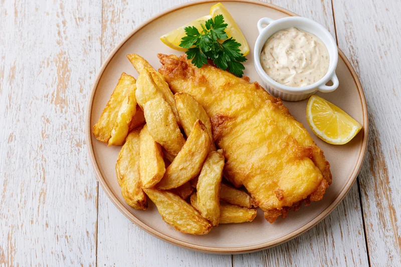 Golden fried fish and chips served on a beige ceramic plate with lemon and tartar sauce on a rustic whitewashed wooden table