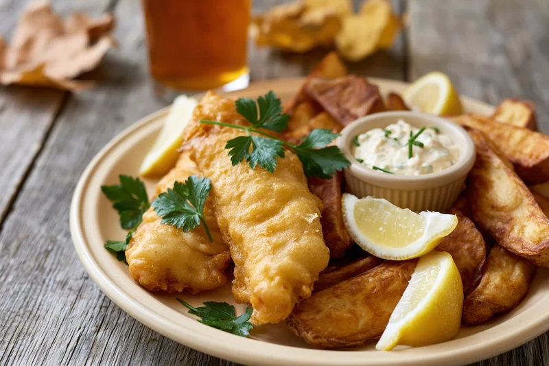 Golden fried fish and chips with lemon and tartar sauce on a cream ceramic plate on a wooden table