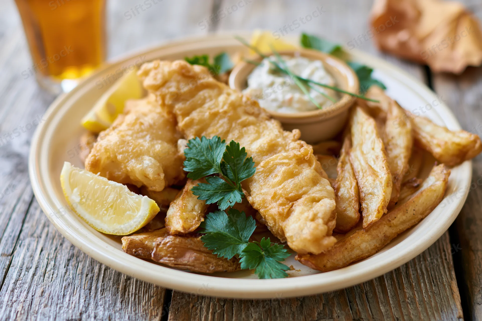 Golden fried fish and chips served on a cream ceramic plate with lemon and tartar sauce on a rustic wooden table
