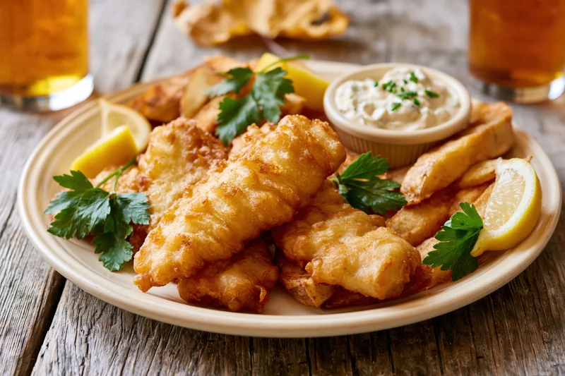 Golden fried fish and chips on a cream ceramic plate with lemon and tartar sauce on a wooden table