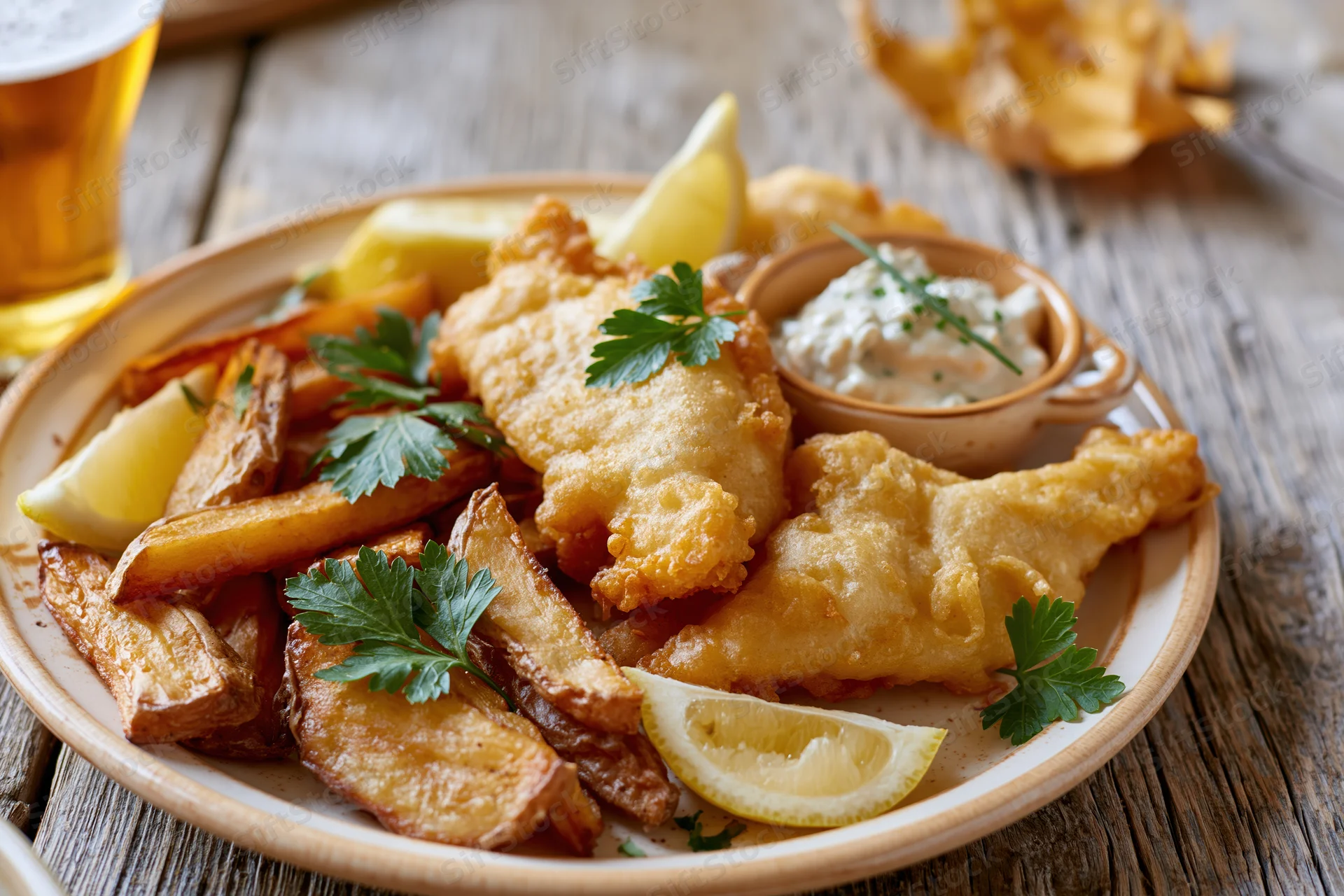 Golden fried fish and chips served on a cream ceramic plate with lemon and tartar sauce on a rustic wooden table