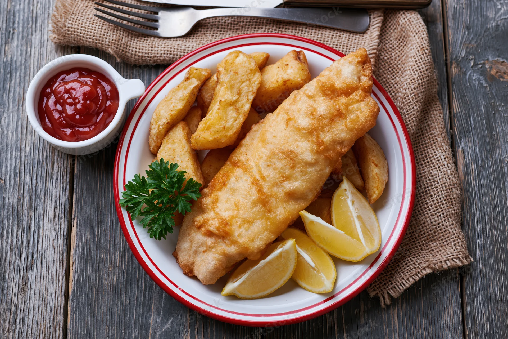 Classic fish and chips served on a white plate with red rim, garnished with lemon wedges and parsley, accompanied by ketchup, on a dark wooden table with cutlery and burlap napkin