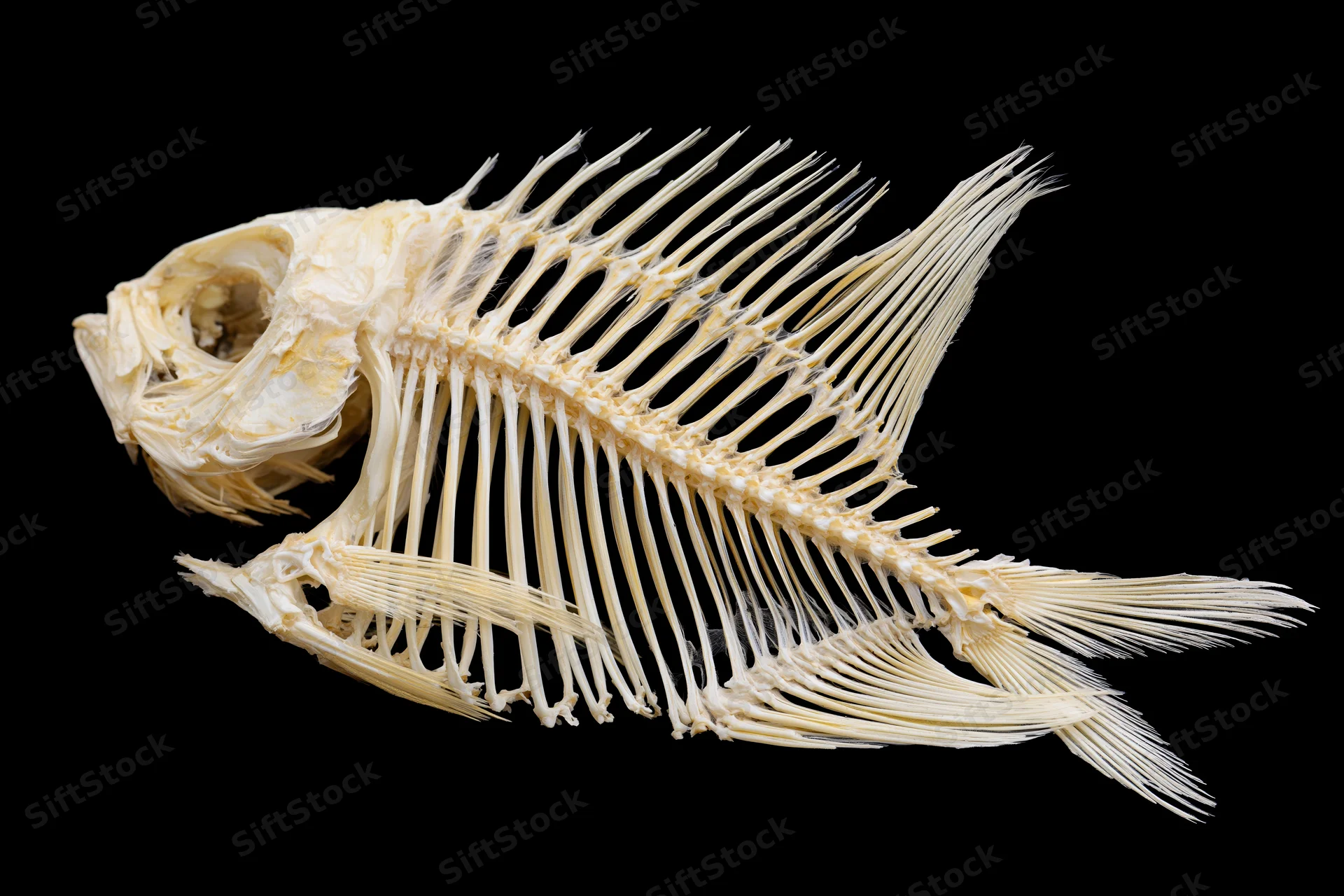 Fish skeleton displayed laterally against a black background