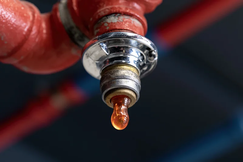 Fire sprinkler head dripping amber liquid from red pipe in close-up view
