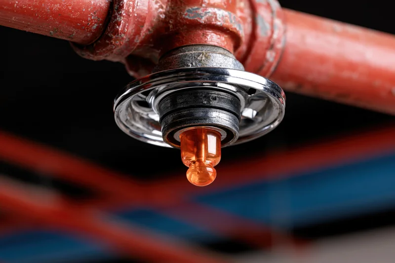 Close-up of a fire sprinkler head with orange glass bulb mounted on a red metal pipe
