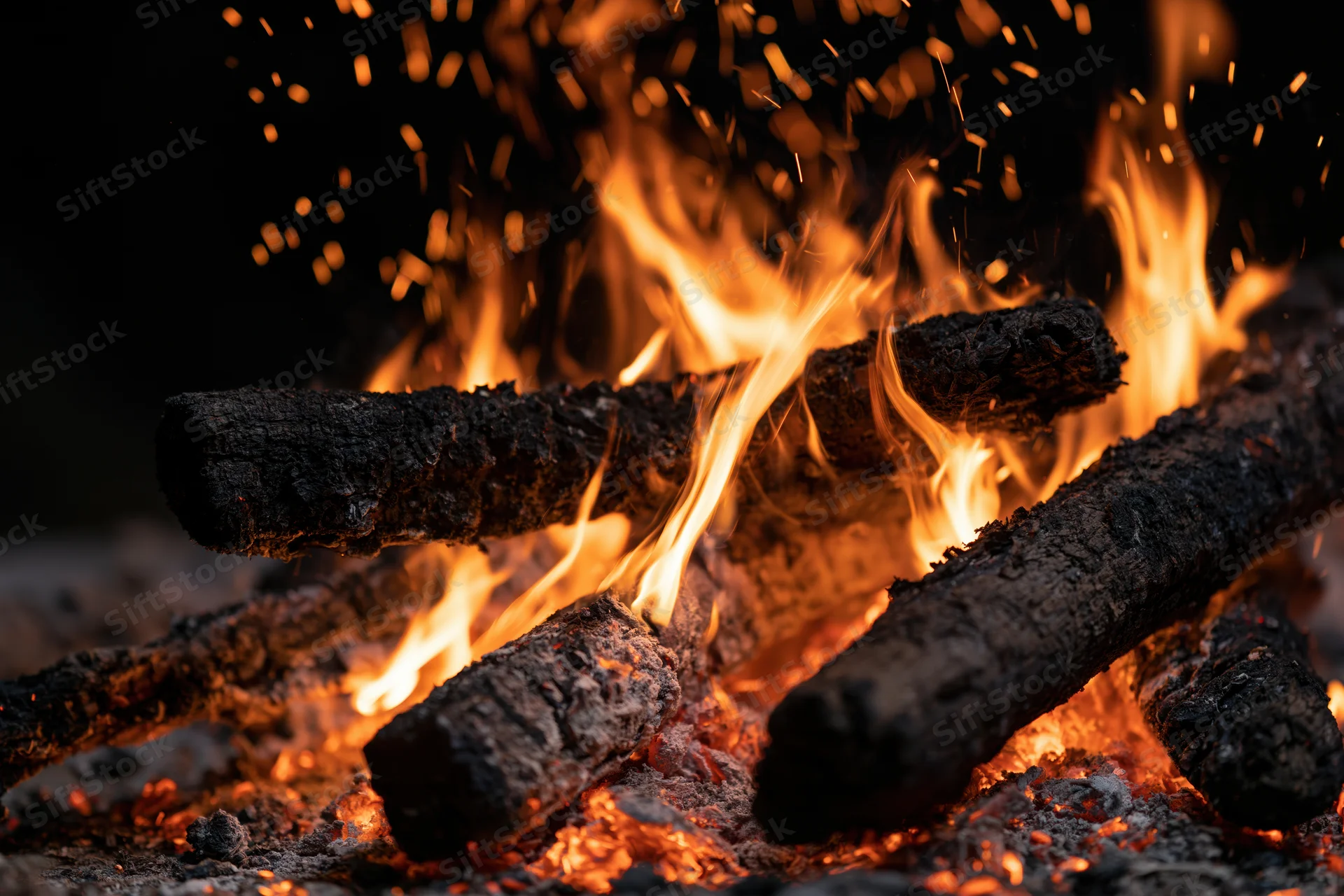 Close-up of burning logs with dancing flames and sparks in a campfire at night