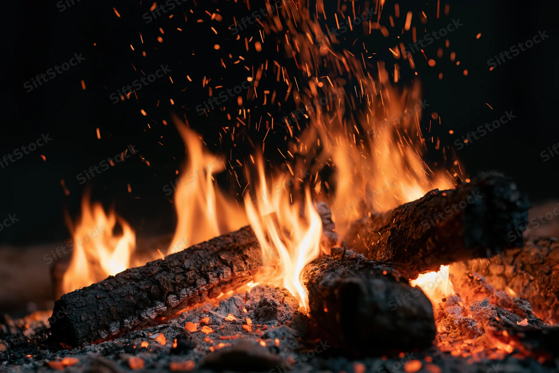 Close-up of burning logs with dancing flames and flying sparks at night