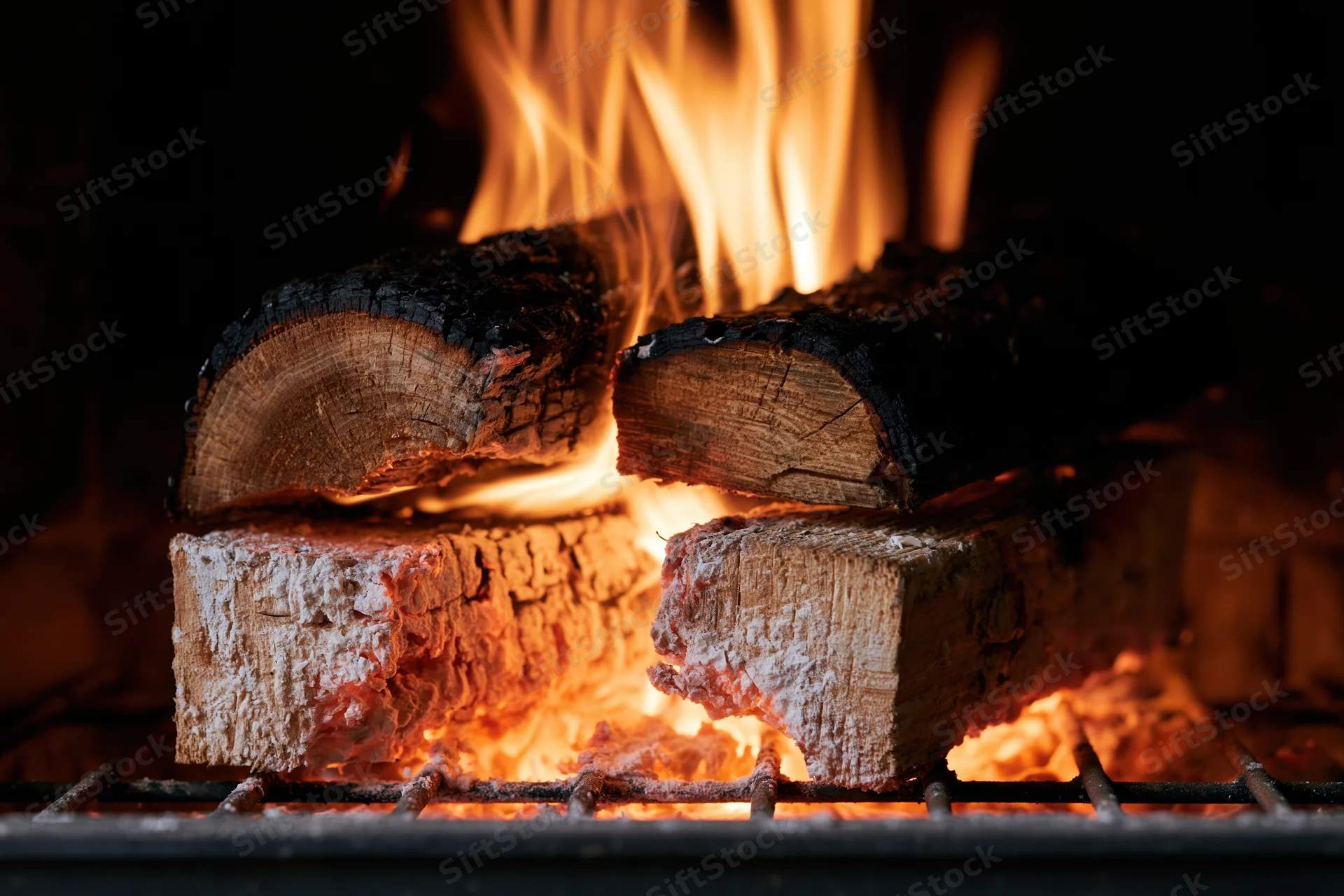 Burning firewood logs on a metal grate in a fireplace