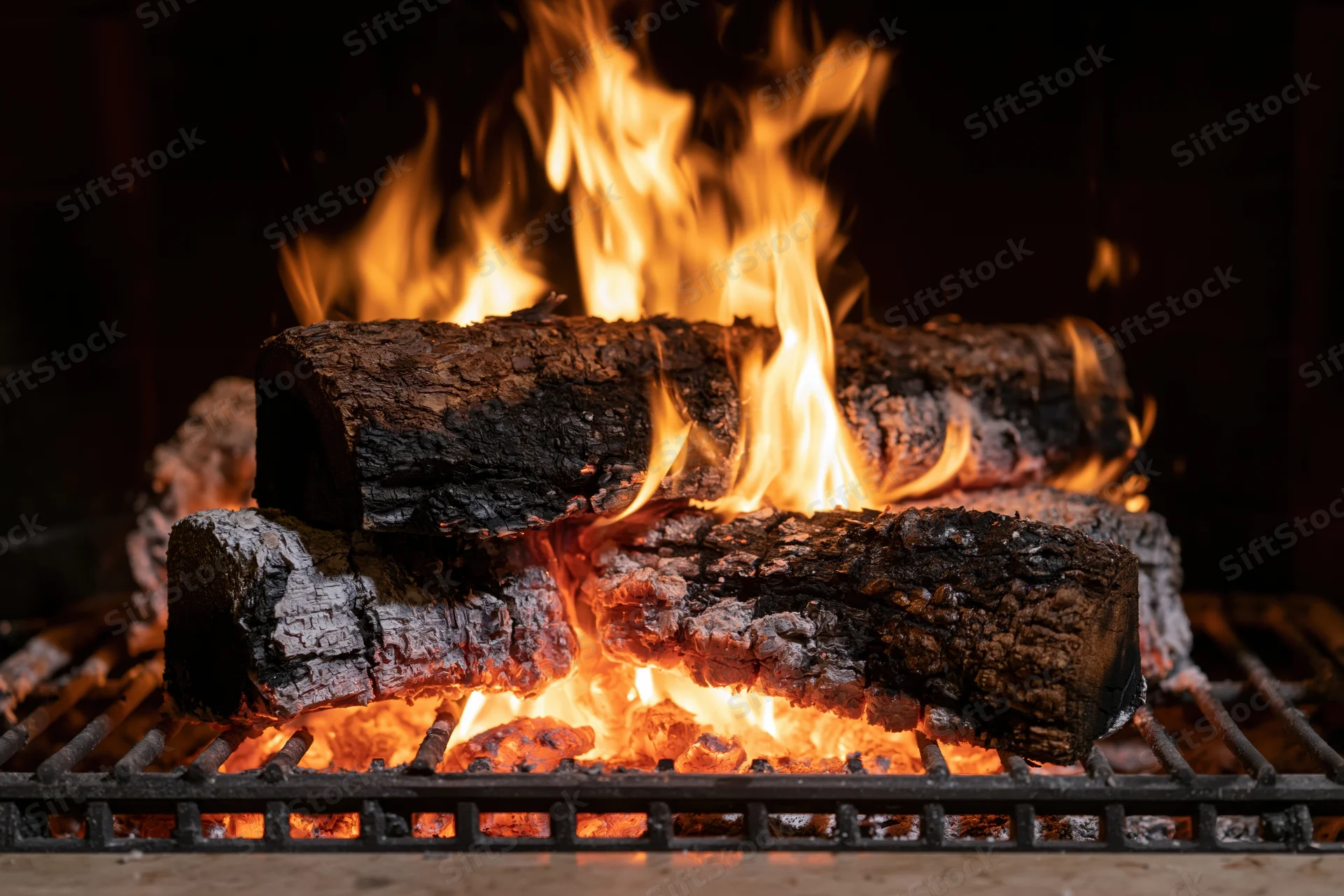 Burning firewood logs on a metal grate in a fireplace