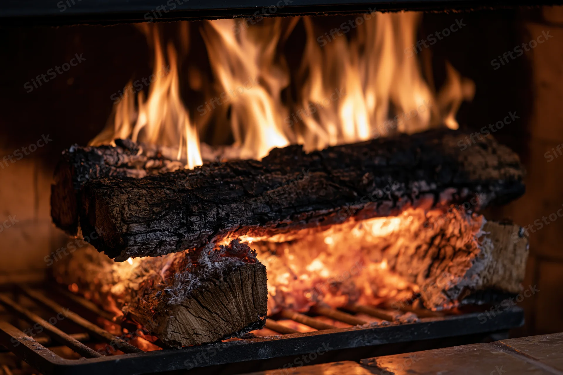 Burning firewood logs on a metal grate inside a fireplace
