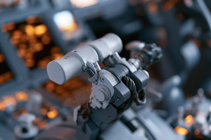 Close-up of aircraft throttle levers in cockpit control panel