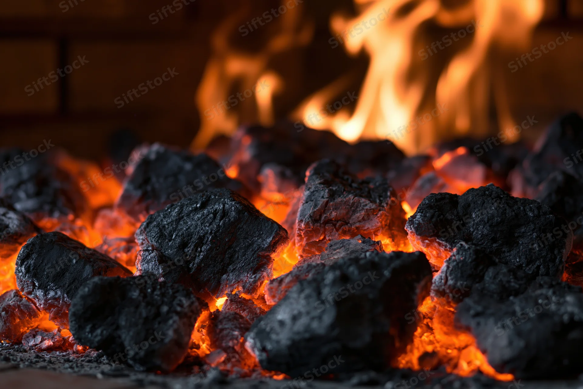 Glowing coal embers burning inside a fireplace with flames rising behind them