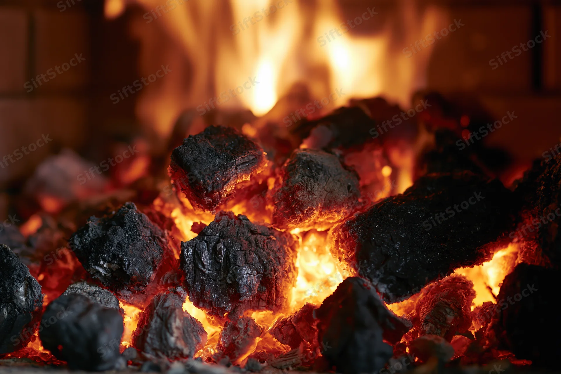Glowing coal embers burning inside a fireplace with flames rising behind them