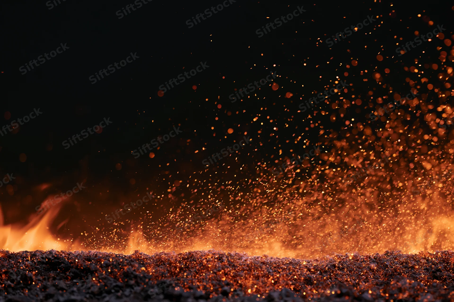 Close-up of fire flames and flying sparks along the bottom of the frame against a dark background