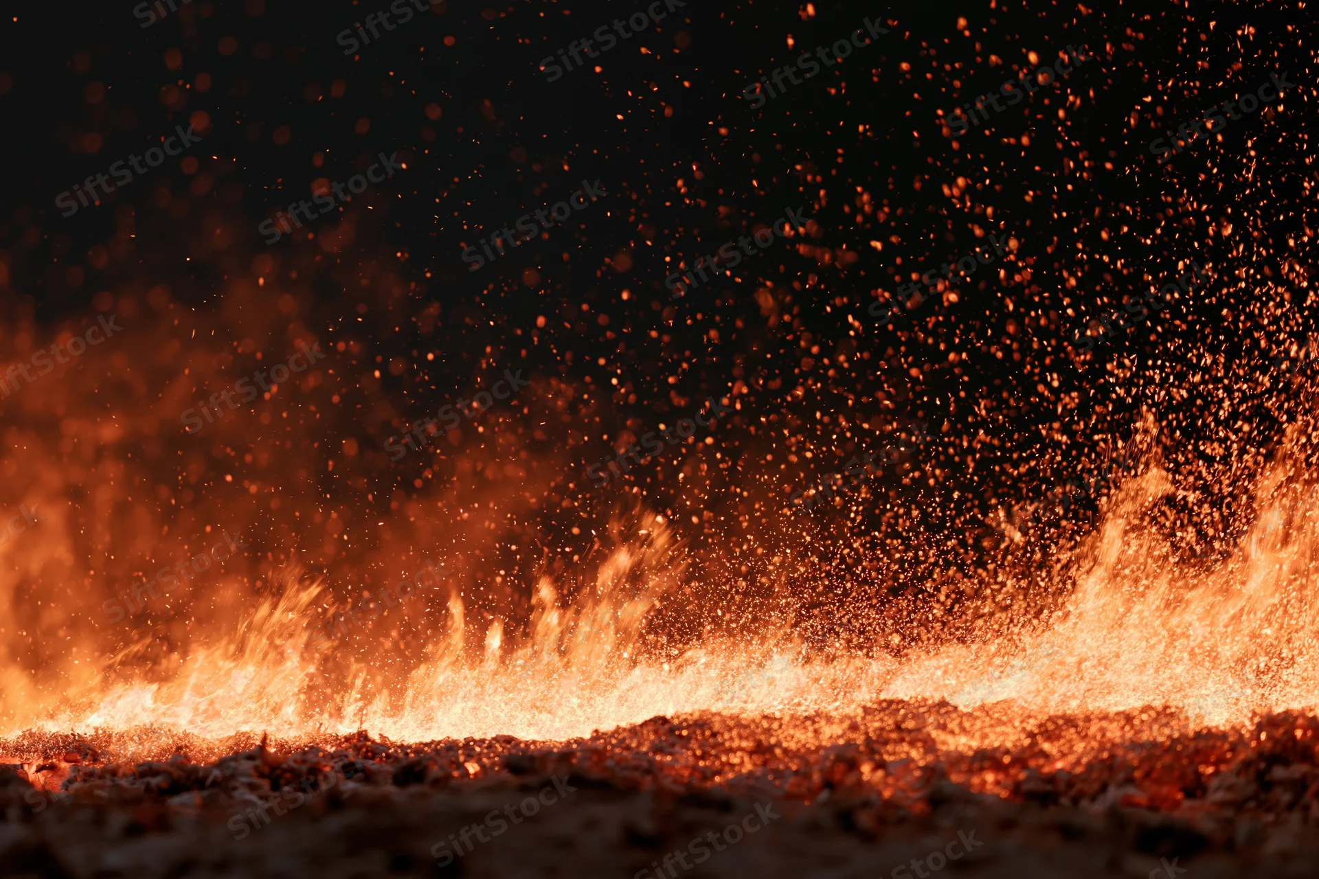 Close-up of fire flames and flying sparks along the bottom of the frame at night