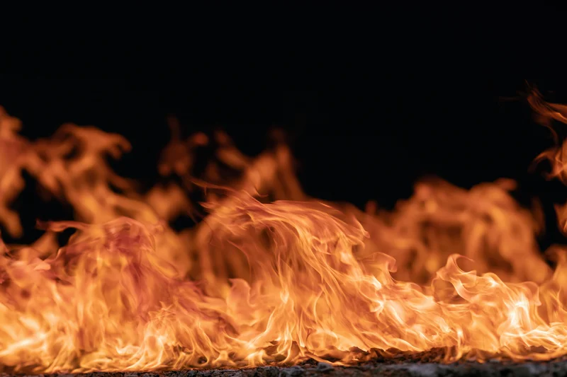 Close-up of wild fire flames leaping and curling dynamically against dark background