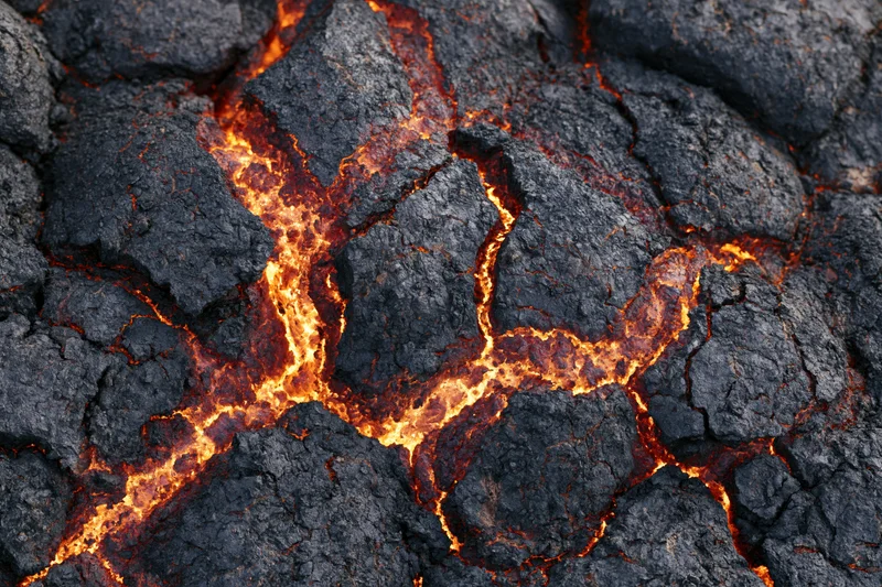 Close-up of cooling volcanic lava crust with glowing cracks and dark rock surface
