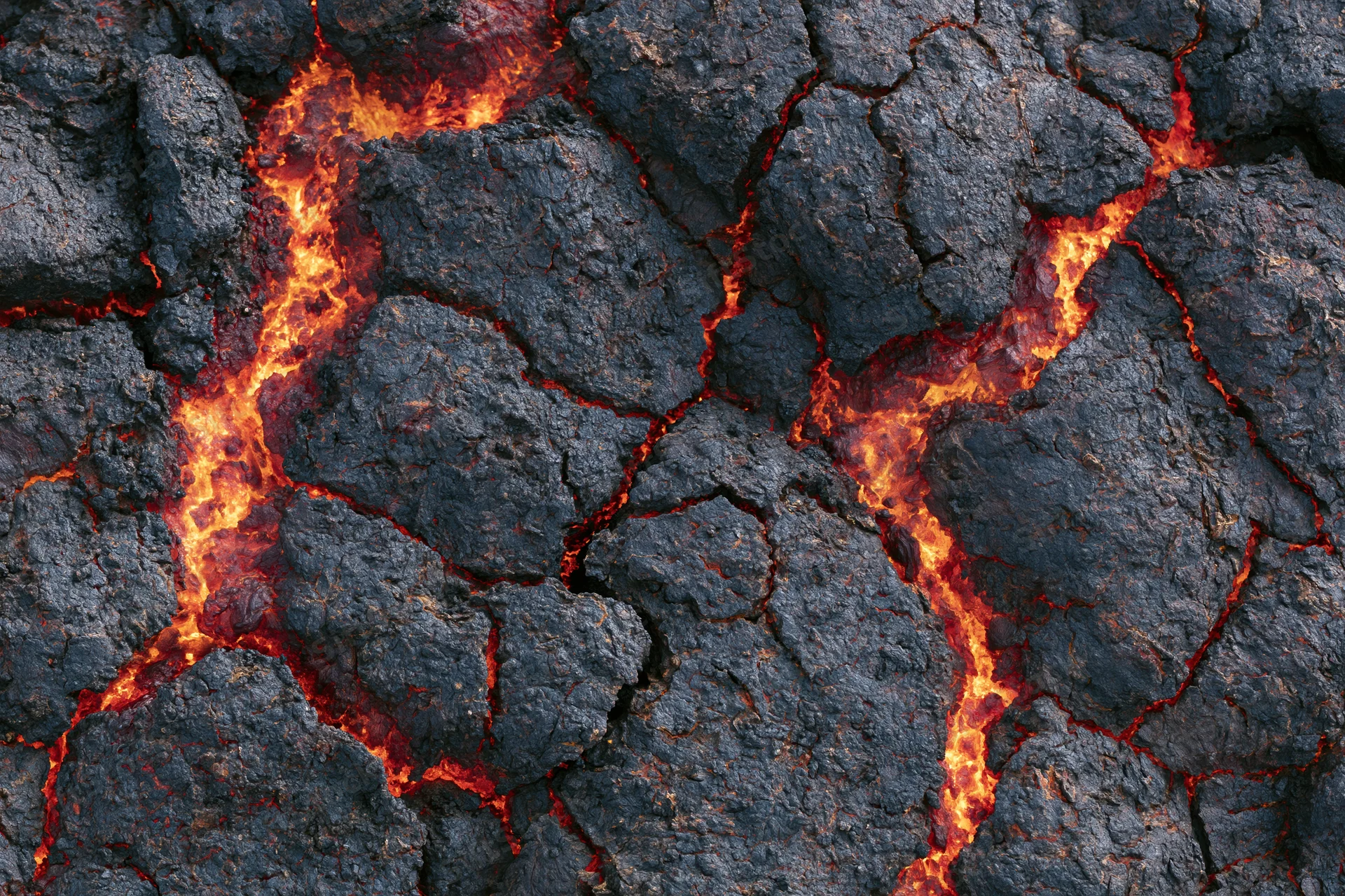 Cooling volcanic lava crust with glowing cracks and dark rock surface