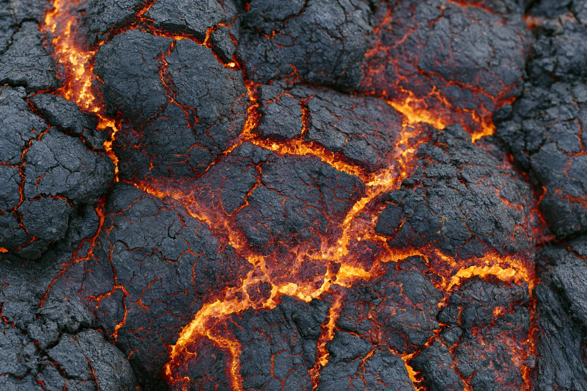 Close-up of cooling volcanic lava crust with glowing cracks and dark surface