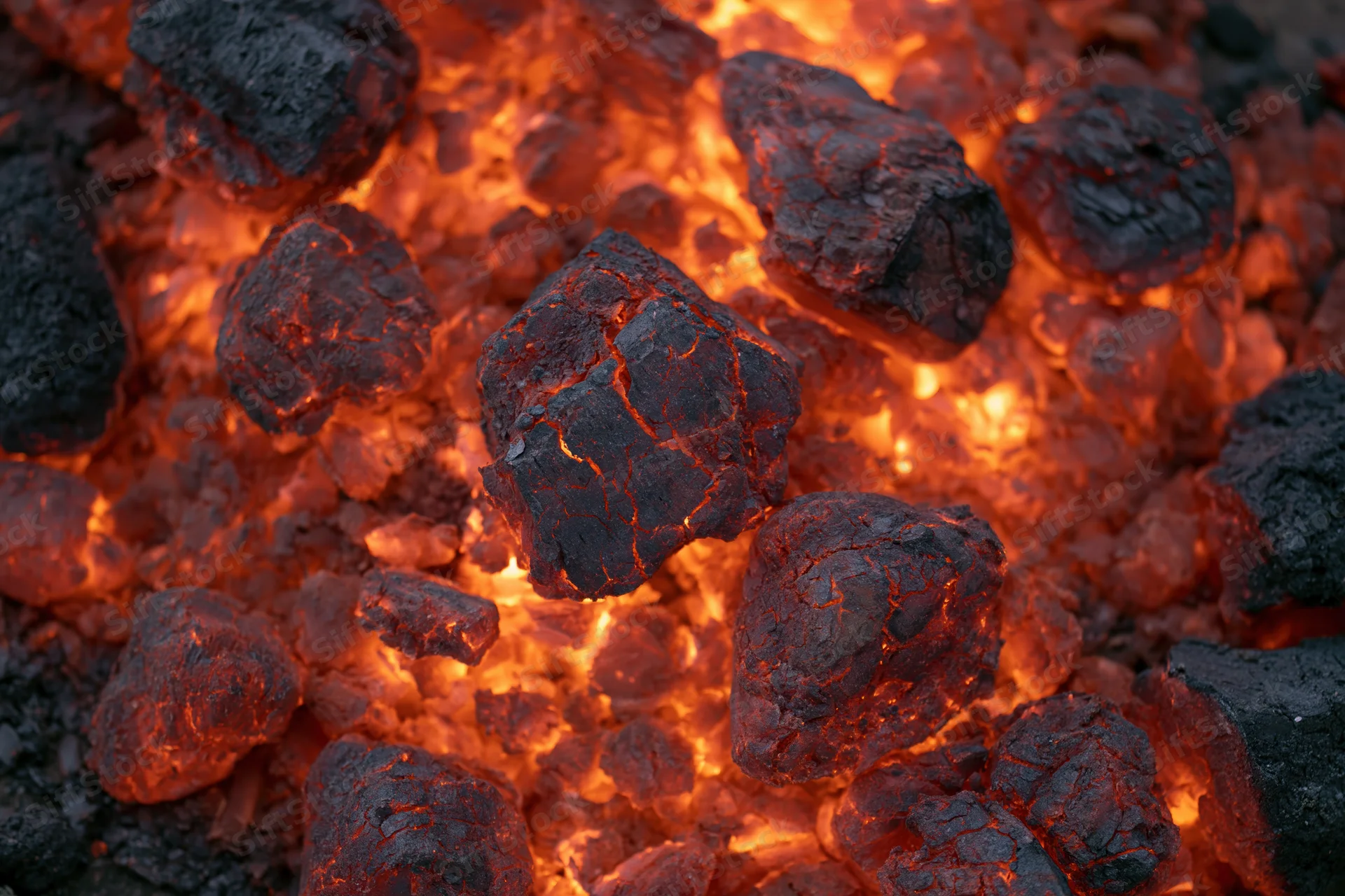 Glowing charcoal embers viewed from above with visible cracks and intense heat radiance