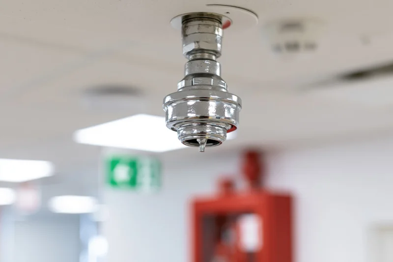 Chrome fire sprinkler head mounted on ceiling in commercial building interior