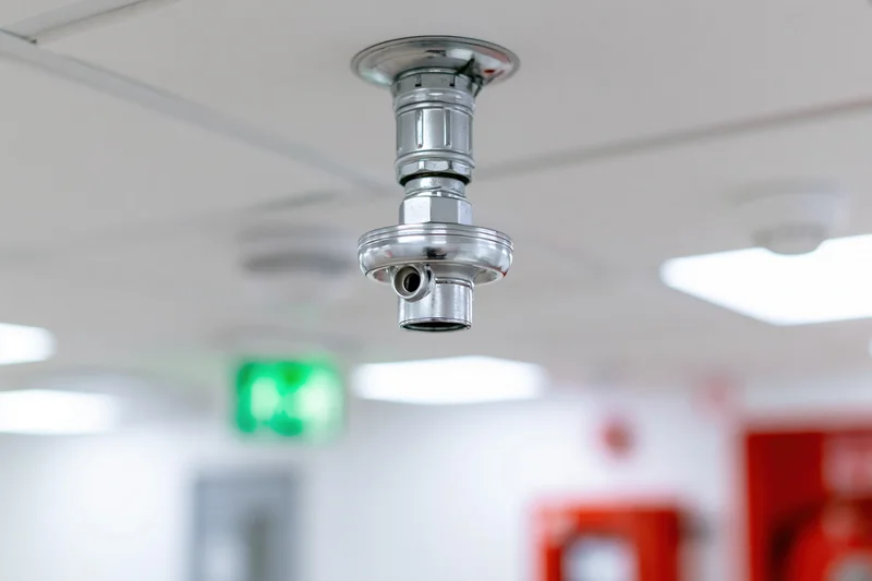 Chrome fire sprinkler head mounted on ceiling in commercial building interior