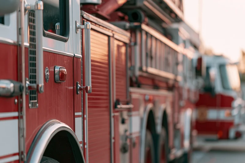 Close-up side view of a red fire truck parked outside a fire station in daylight