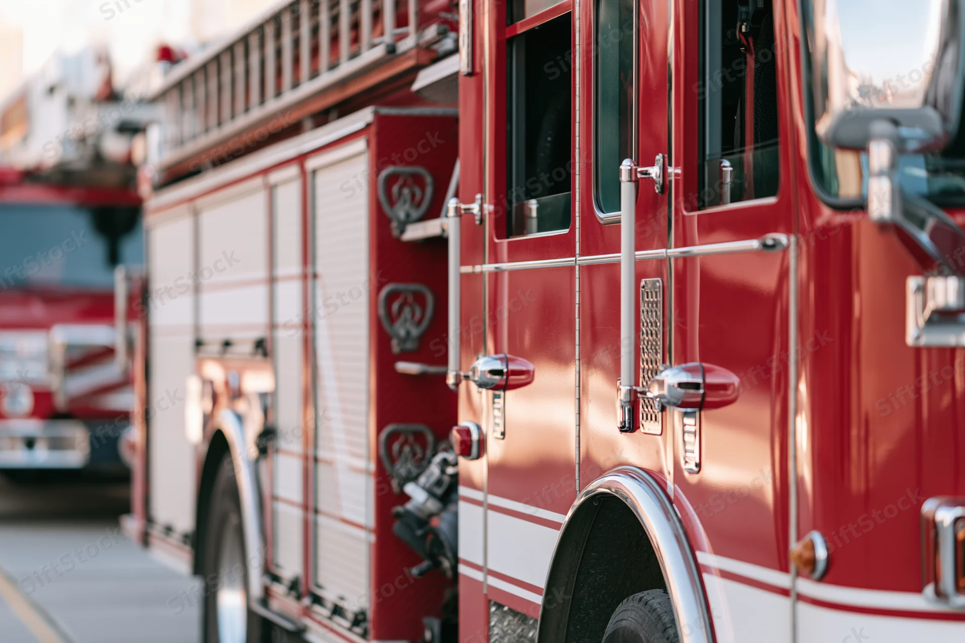 Red firetruck parked outside fire station with chrome details and ladder on side