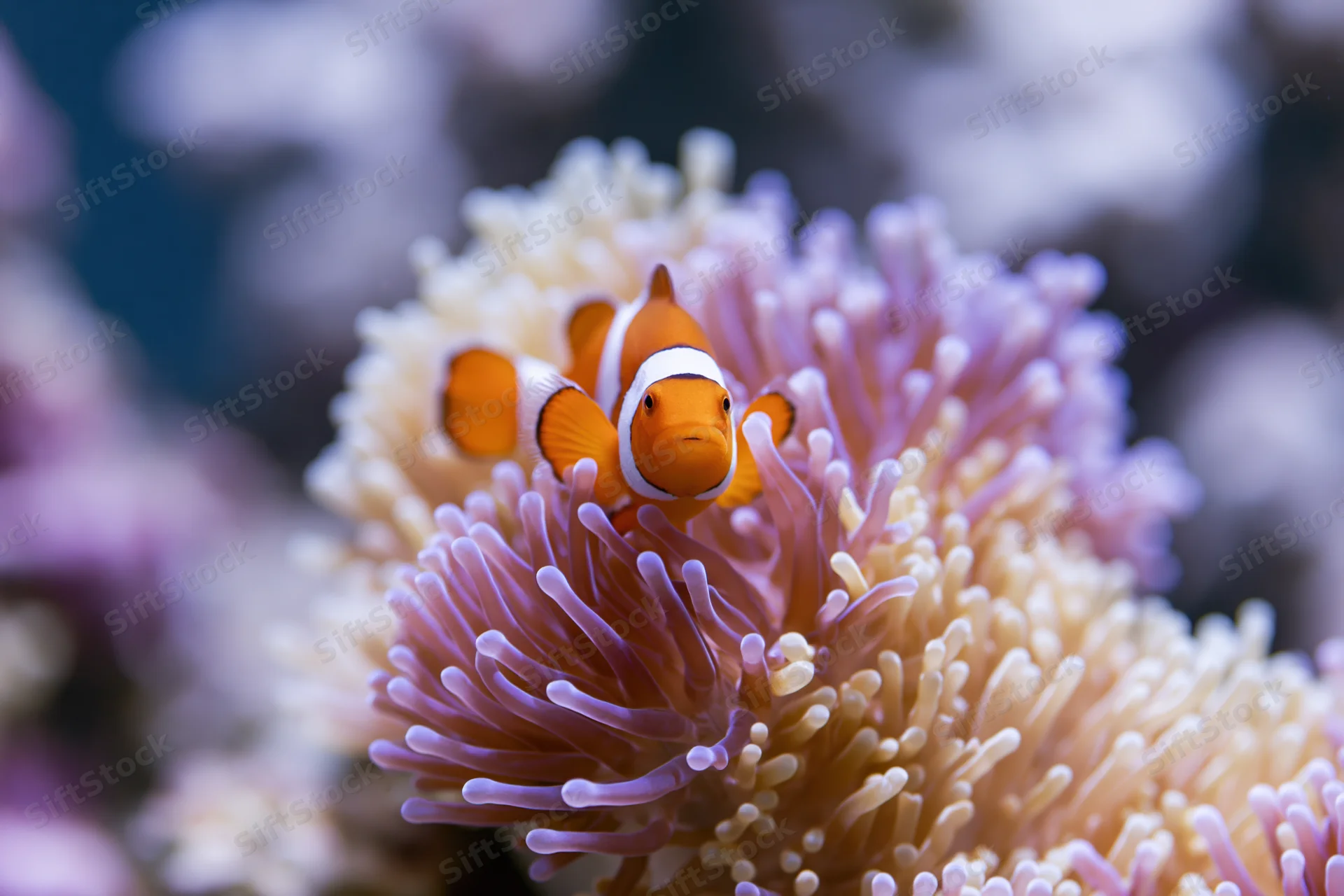 Clownfish nestled among sea anemone tentacles in aquarium