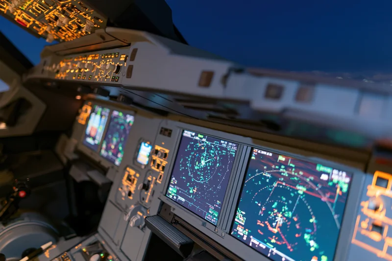 Aircraft cockpit interior at night showing illuminated control panels and navigation displays