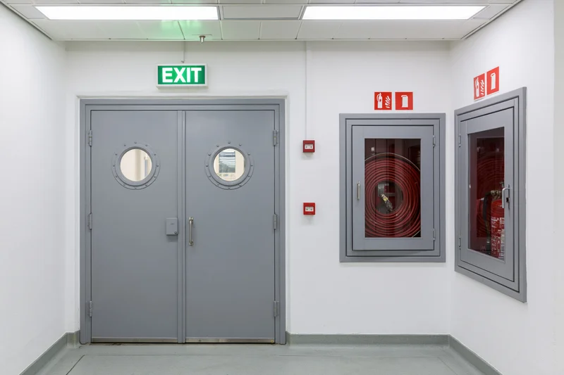 Double gray metal doors with circular windows and green exit sign in a commercial building corridor, flanked by fire extinguisher cabinets and red safety signs on white walls