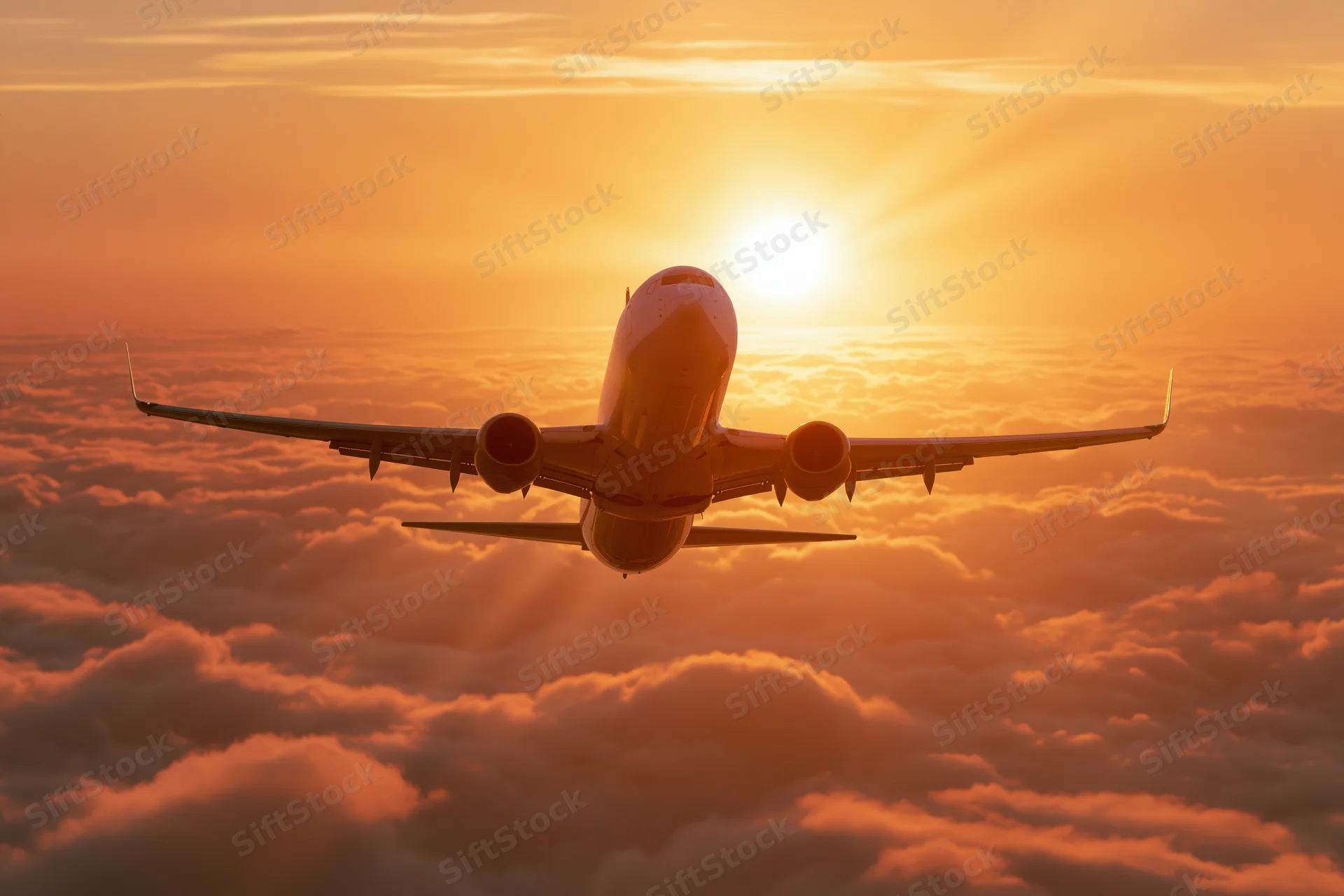 Commercial passenger jet flying above clouds at sunset