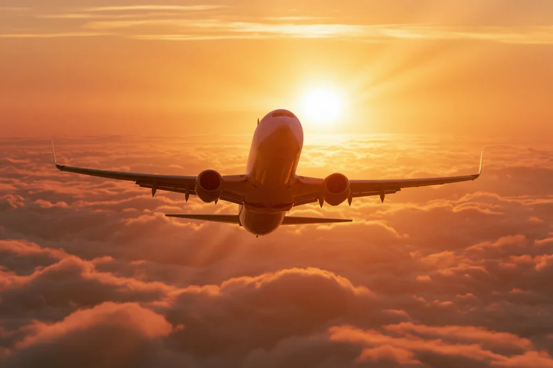 Commercial passenger jet flying above clouds at sunset