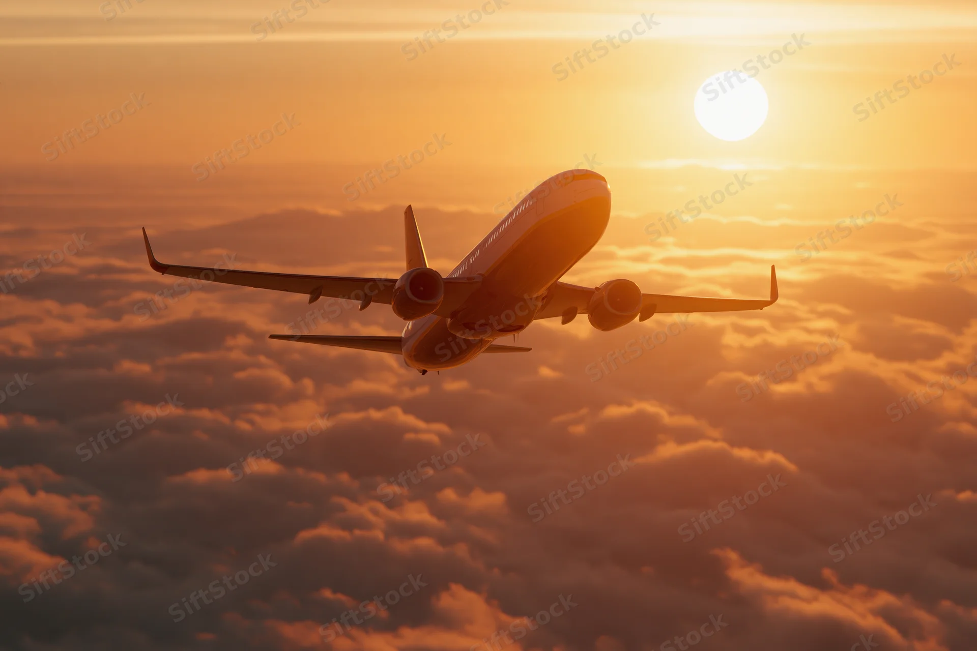 Commercial passenger jet flying above thick cloud layer at sunset