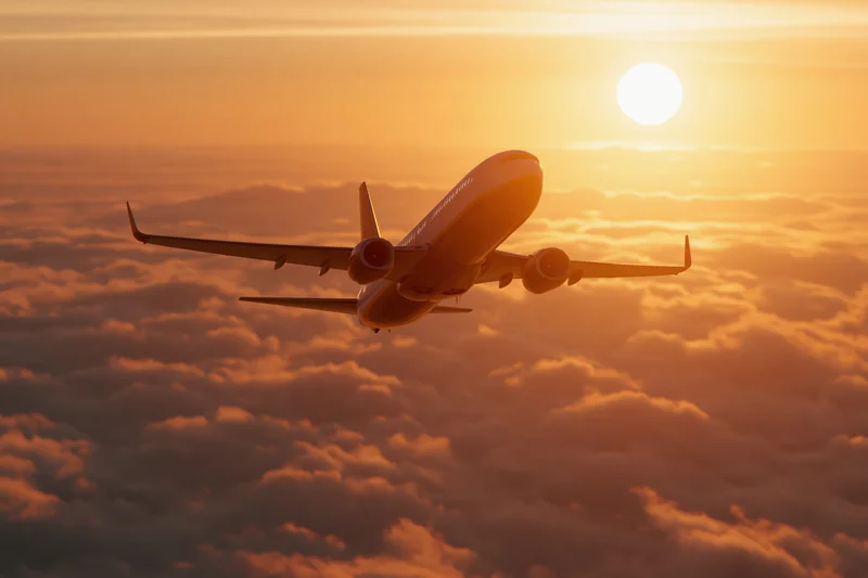 Commercial passenger jet flying above thick cloud layer at sunset