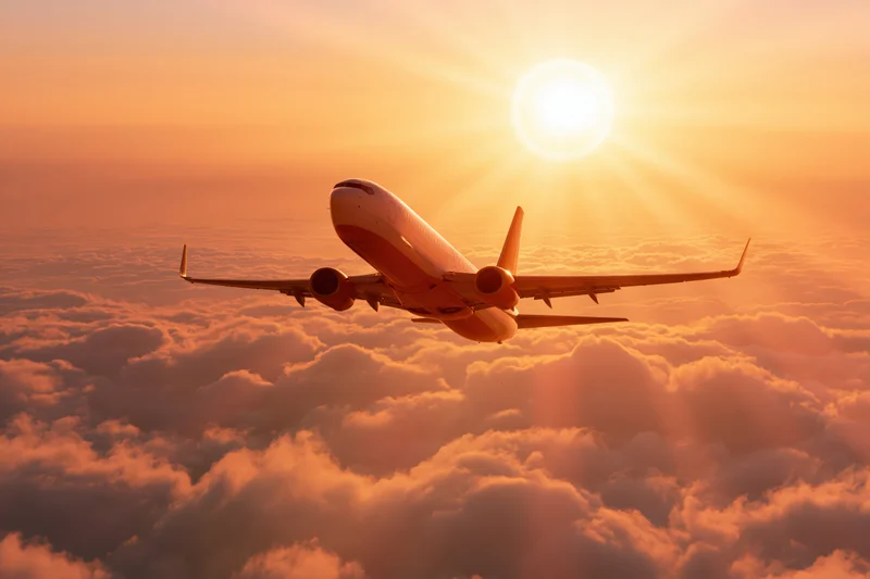 Commercial passenger jet flying above cloud layer at sunset
