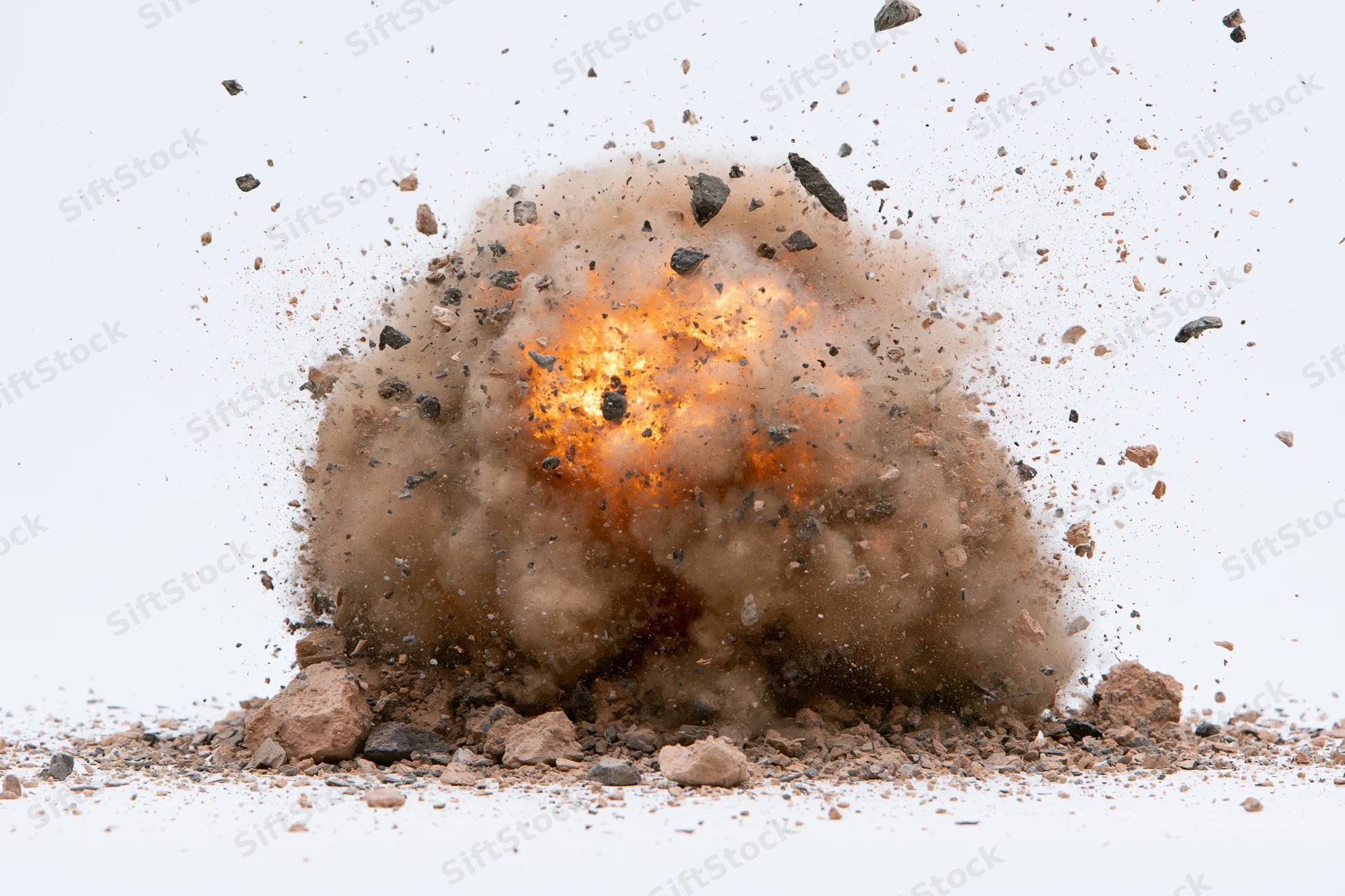 Explosion mid-burst with flying debris and smoke against white background