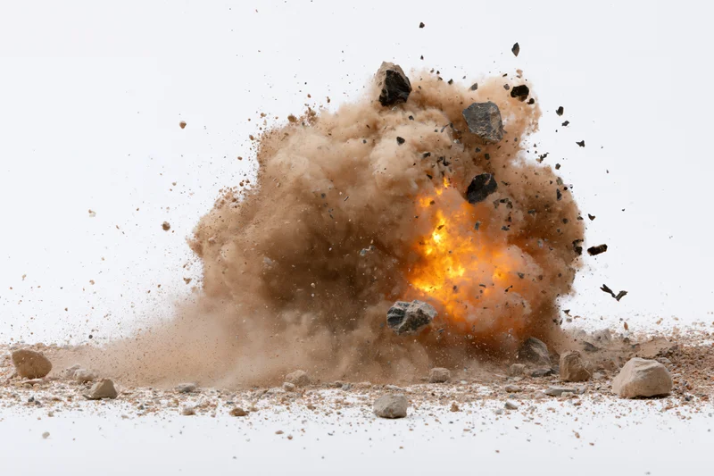 Explosion mid-burst with flying debris and smoke against a white background
