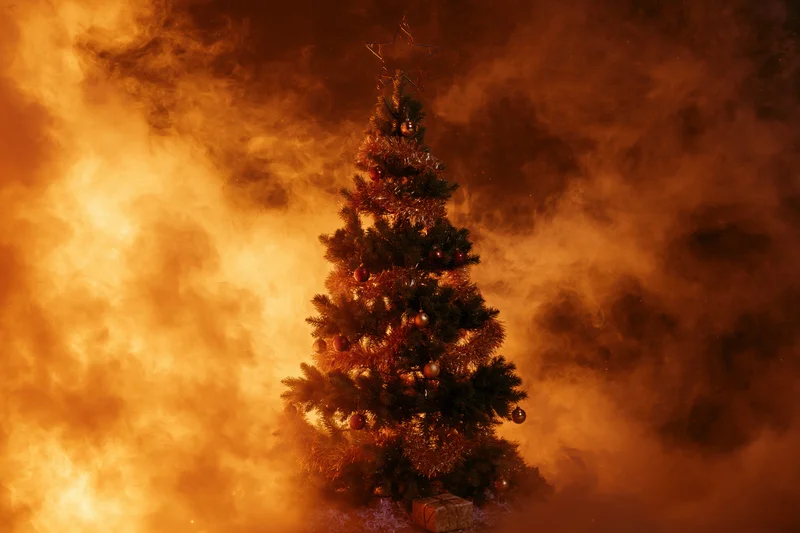 Decorated christmas tree with wire star topper and ornaments in smoky warm light