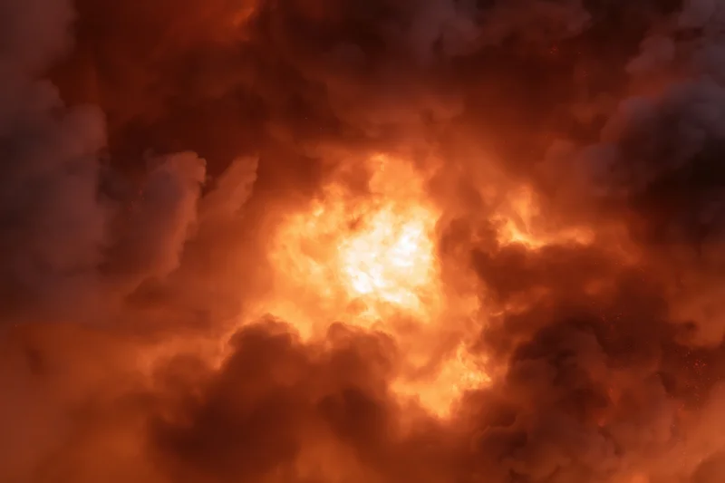Dense smoke and ember clouds from an industrial fire filling the sky