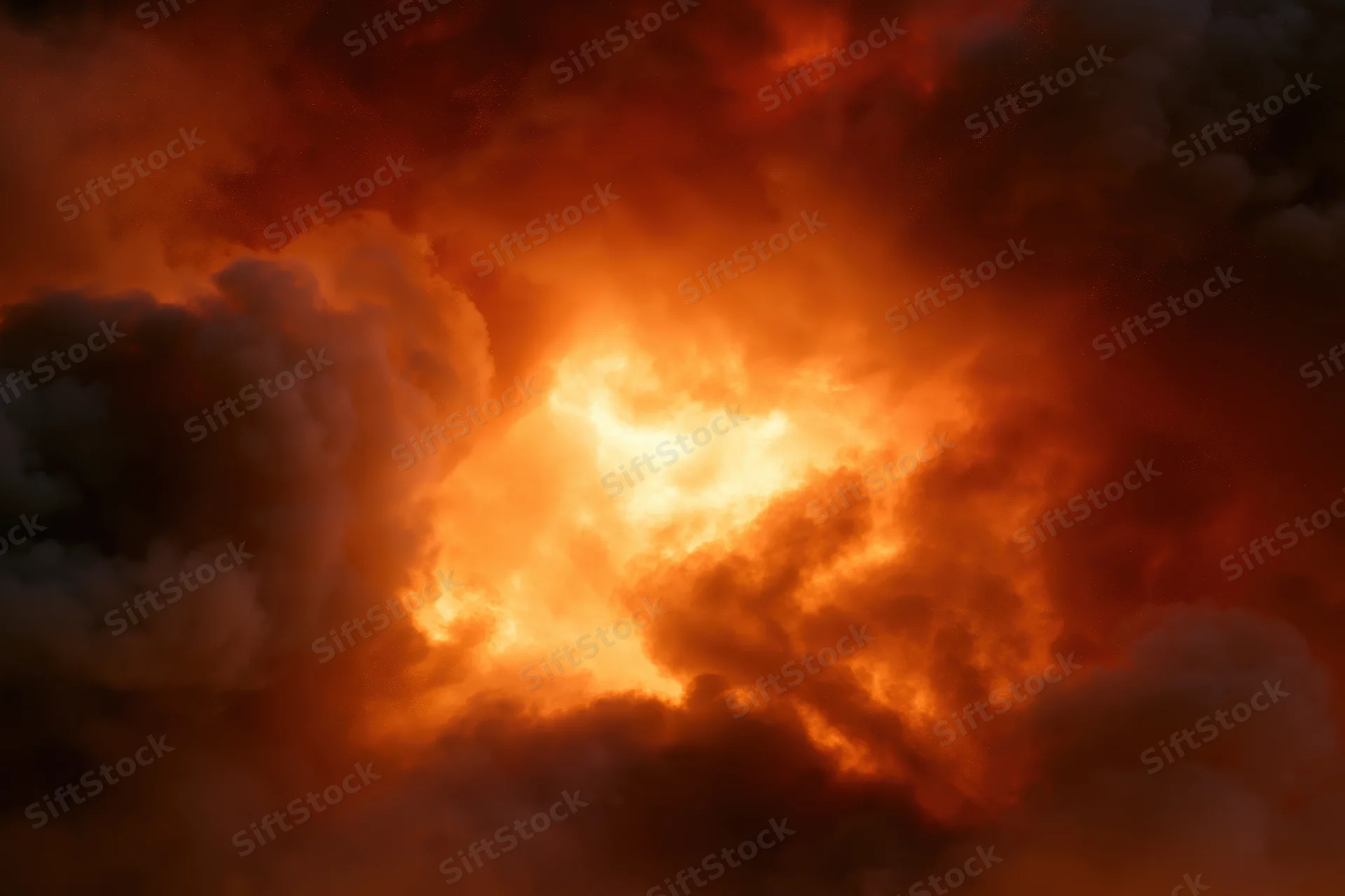 Dense smoke and ember clouds from a large industrial fire filling the sky at dusk