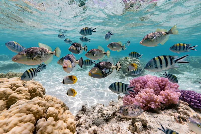 Diverse tropical fish swimming over coral reef in clear shallow ocean water