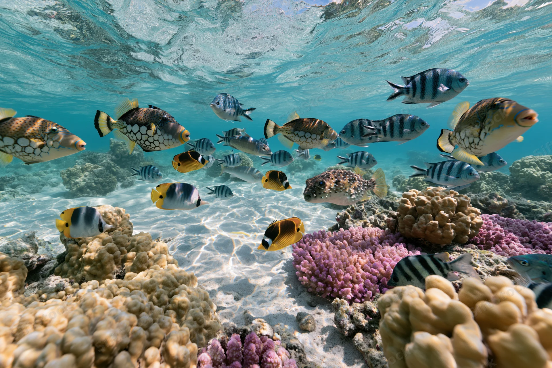 Diverse tropical fish swimming over colorful coral reef in clear shallow ocean water