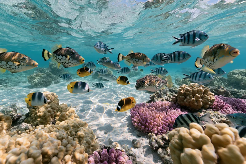 Diverse tropical fish swimming over colorful coral reef in clear shallow ocean water