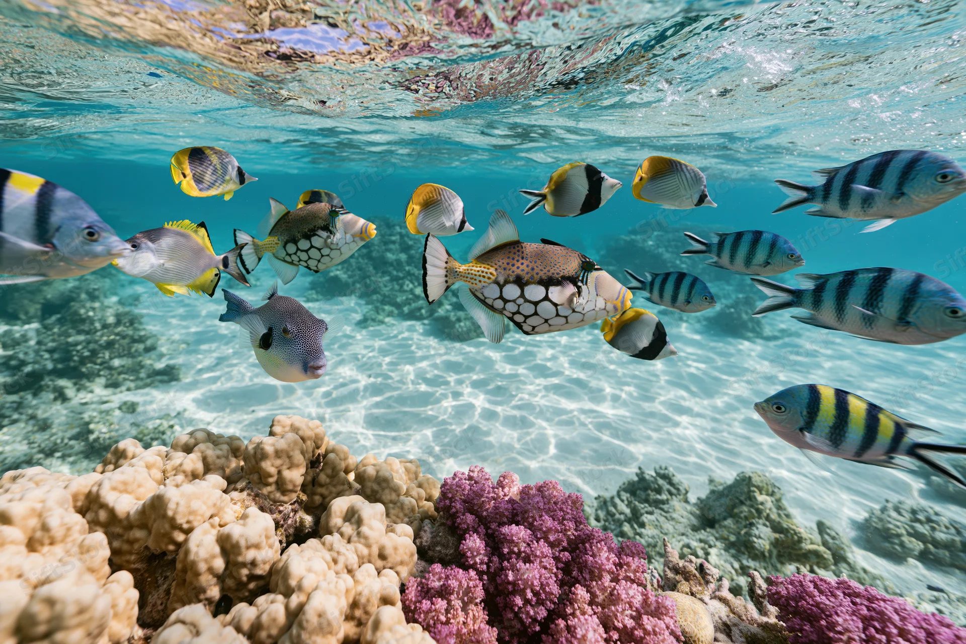 Diverse tropical fish swimming over colorful coral reef in clear shallow water