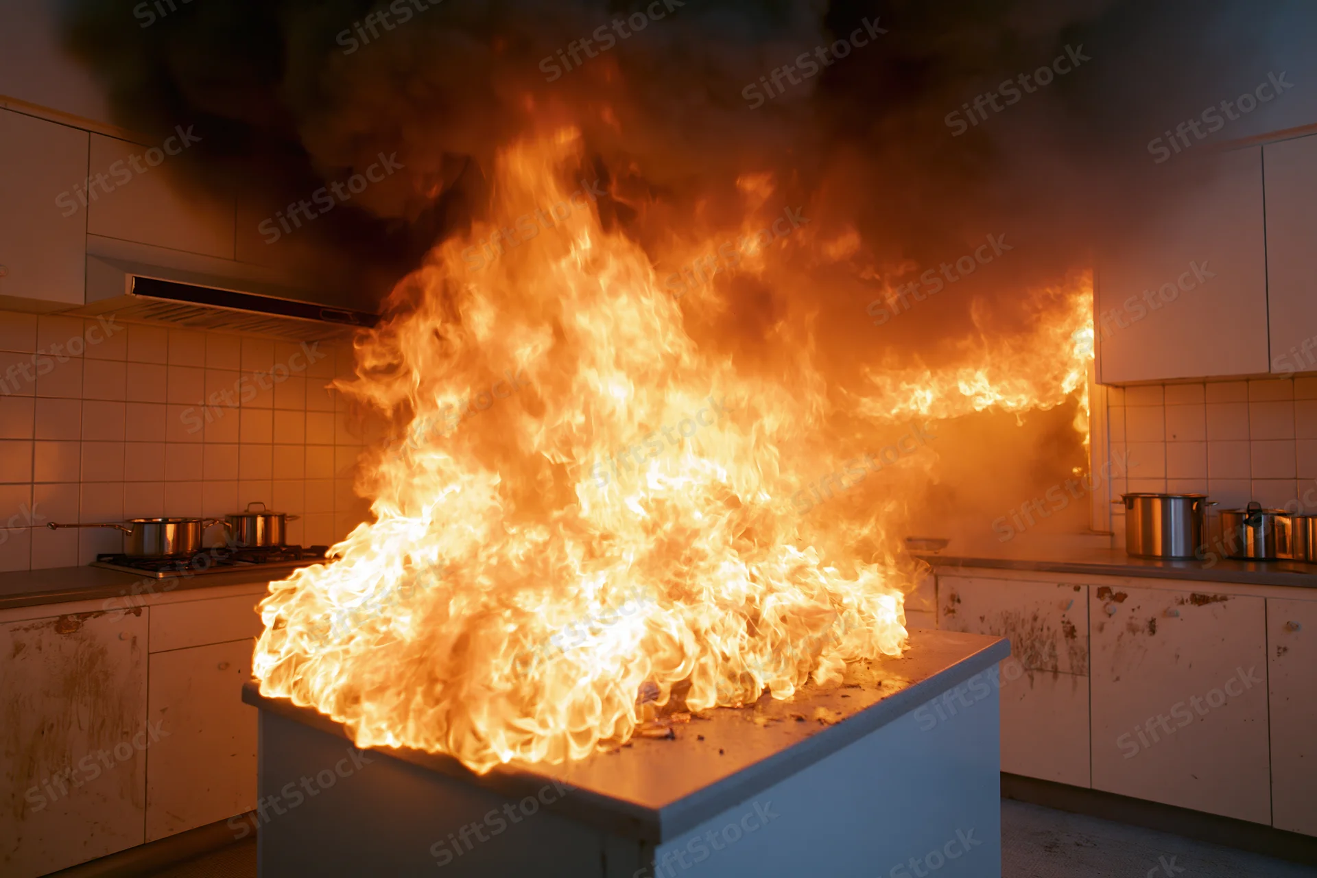 Large grease fire burning on kitchen countertop with flames and smoke filling the room