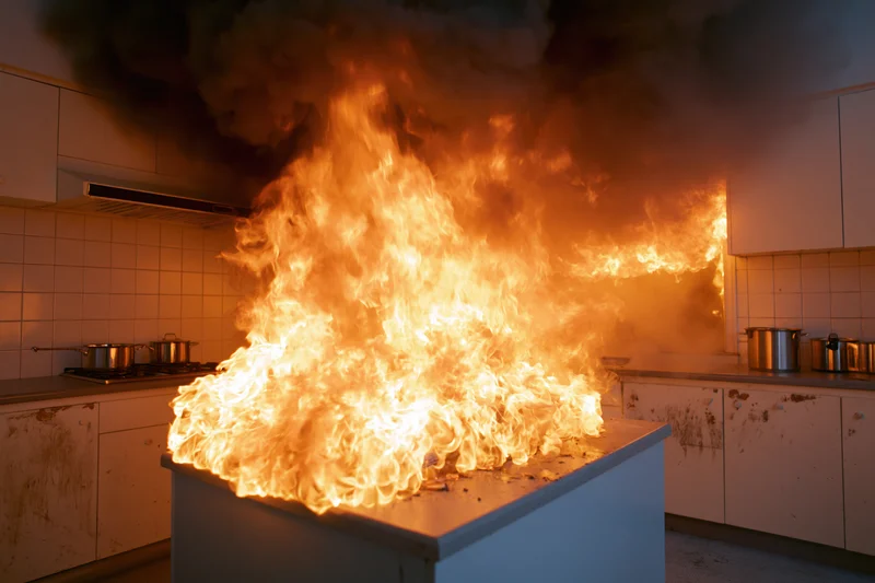 Large grease fire burning on kitchen countertop with flames and smoke filling the room