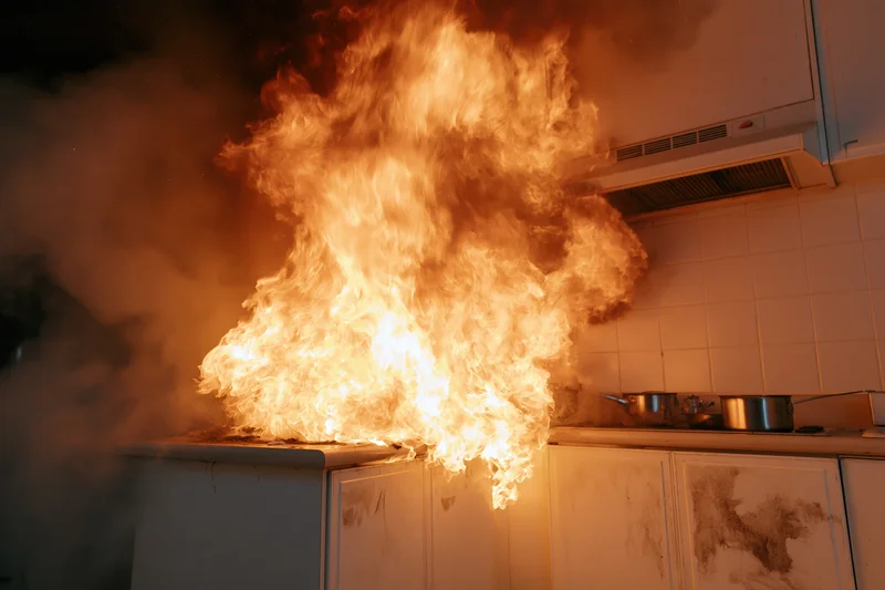 Large grease fire erupting from kitchen stove with flames and smoke filling the room