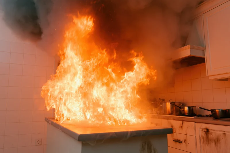 Large grease fire erupting from kitchen countertop with flames and smoke filling the room