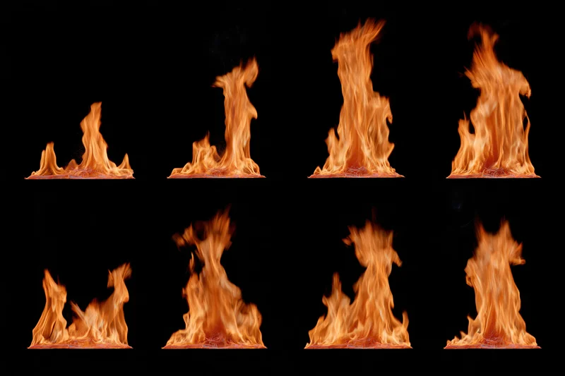 Eight flame samples arranged in a grid on black background